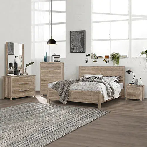 5 Pieces Bedroom Suite Natural Wood Like Mdf Structure King Size Oak Colour Bed Bedside Table Tallboy & Dresser