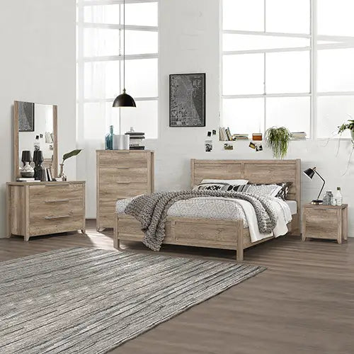 5 Pieces Bedroom Suite Natural Wood Like Mdf Structure Queen Size Oak Colour Bed Bedside Table Tallboy & Dresser