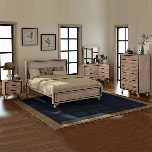 5 Pieces Bedroom Suite Queen Size Silver Brush in Acacia Wood Construction Bed Bedside Table Tallboy & Dresser