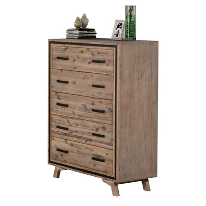 5 Pieces Bedroom Suite Queen Size Silver Brush in Acacia Wood Construction Bed Bedside Table Tallboy & Dresser