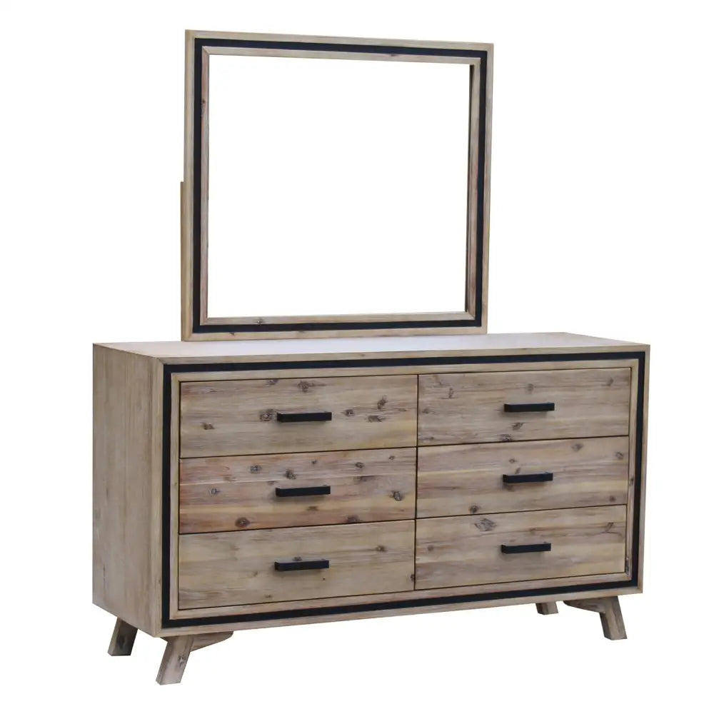 5 Pieces Bedroom Suite Queen Size Silver Brush in Acacia Wood Construction Bed Bedside Table Tallboy & Dresser