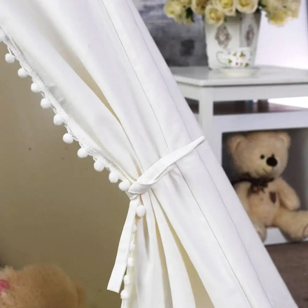 5 Poles Giant Kids Teepee Tent (natural Canvas) | White Fabric Curtain Row Fluffy
