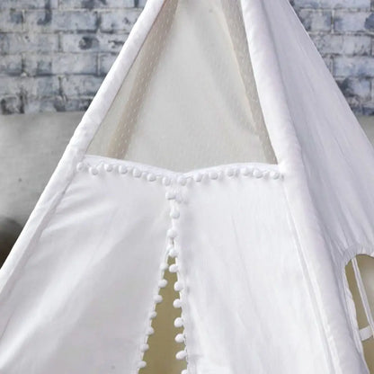 5 Poles Giant Kids Teepee Tent (natural Canvas) | White Fabric Teepee Pom-pom Trim