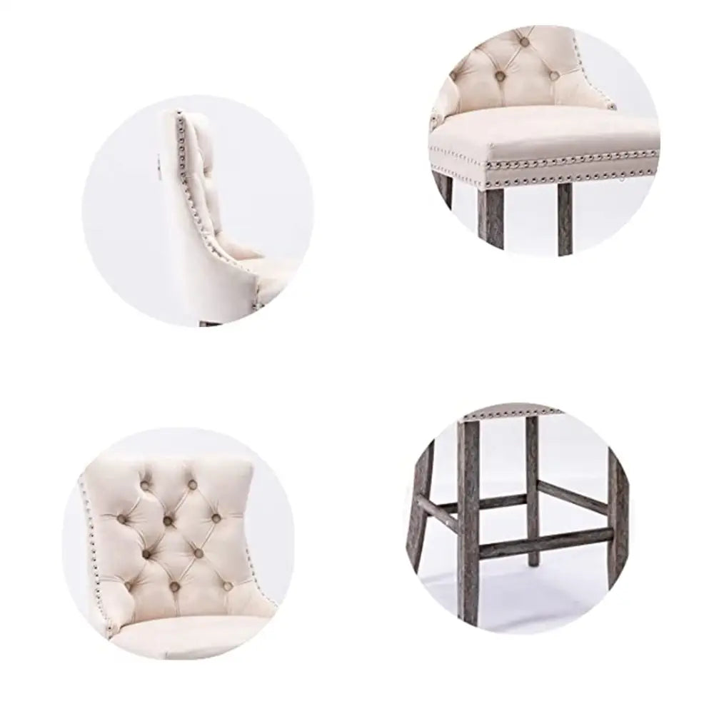 6x Velvet Bar Stools with Studs Trim Wooden Legs Tufted Dining Chairs Kitchen