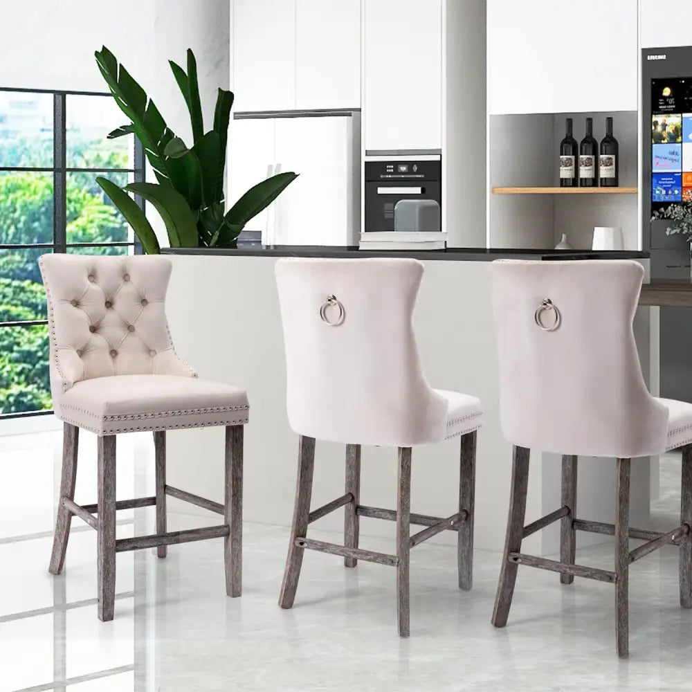 6x Velvet Bar Stools with Studs Trim Wooden Legs Tufted Dining Chairs Kitchen