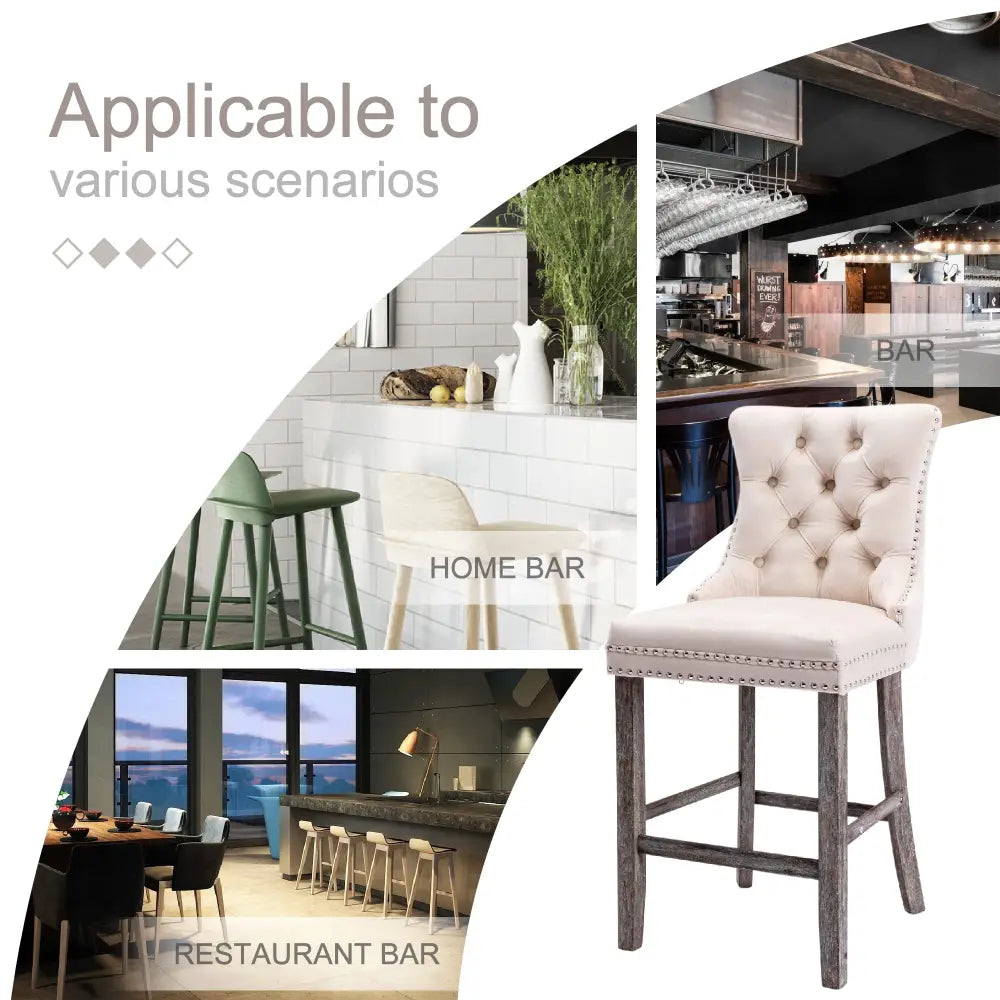 6x Velvet Bar Stools with Studs Trim Wooden Legs Tufted Dining Chairs Kitchen