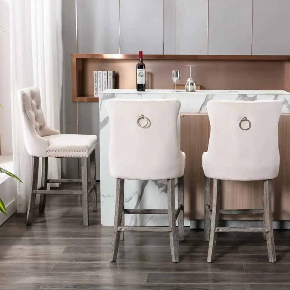 6x Velvet Bar Stools with Studs Trim Wooden Legs Tufted Dining Chairs Kitchen