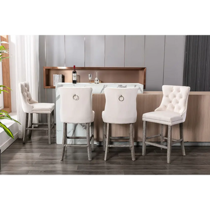 6x Velvet Bar Stools with Studs Trim Wooden Legs Tufted Dining Chairs Kitchen