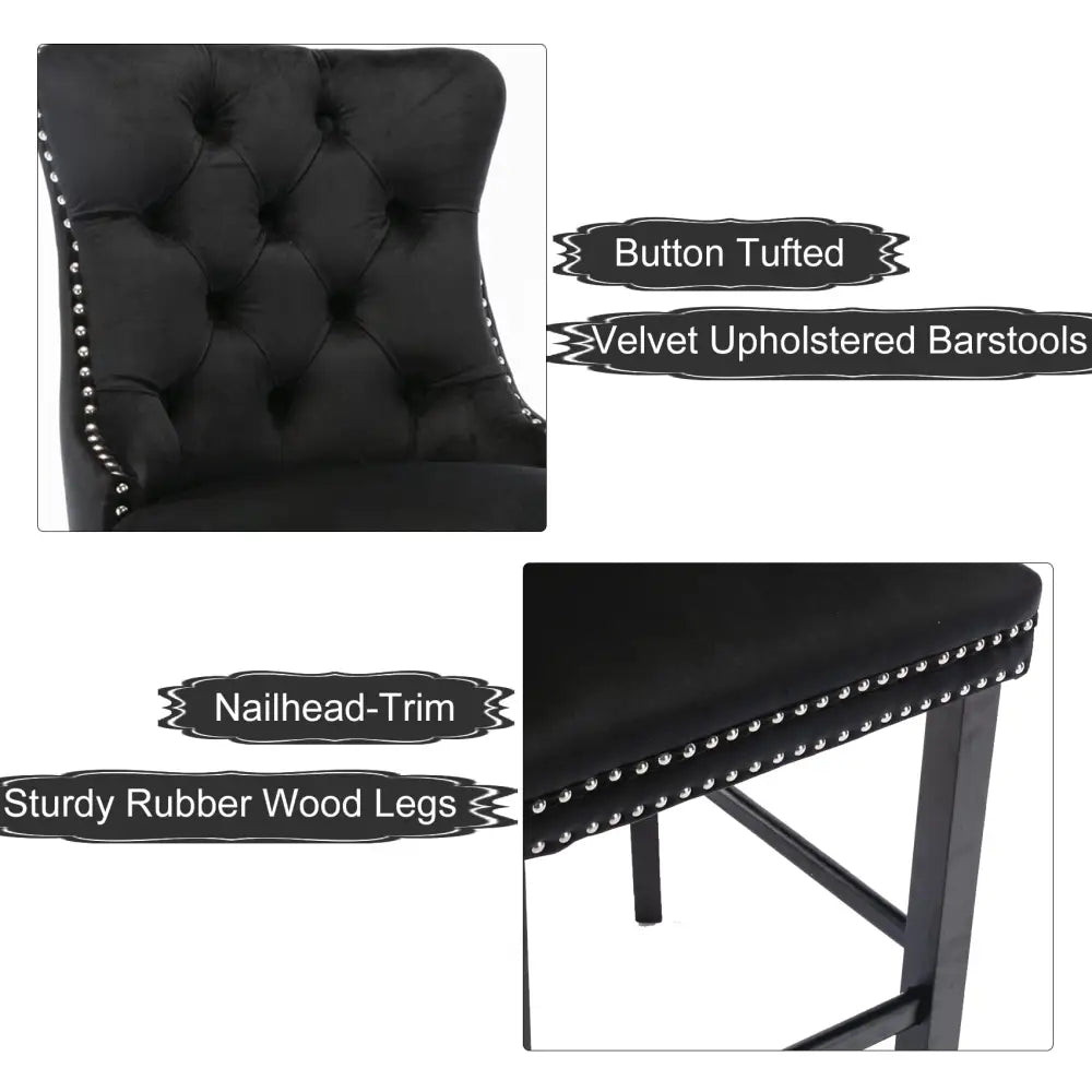 6x Velvet Bar Stools with Studs Trim Wooden Legs Tufted Dining Chairs Kitchen