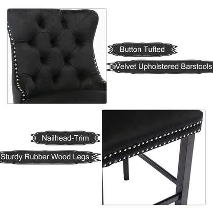 6x Velvet Bar Stools with Studs Trim Wooden Legs Tufted Dining Chairs Kitchen