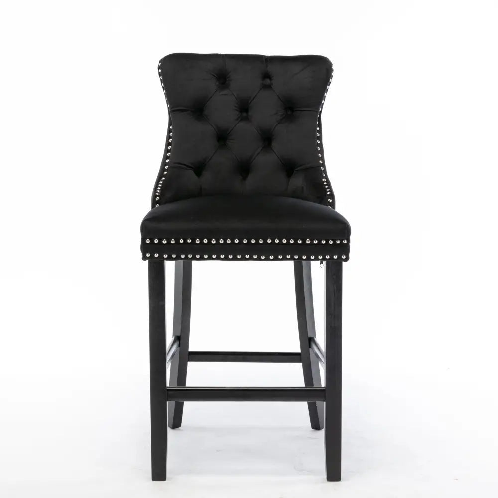 6x Velvet Bar Stools with Studs Trim Wooden Legs Tufted Dining Chairs Kitchen