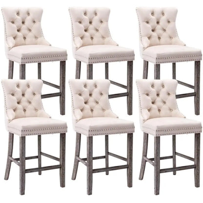 6x Velvet Bar Stools with Studs Trim Wooden Legs Tufted Dining Chairs Kitchen