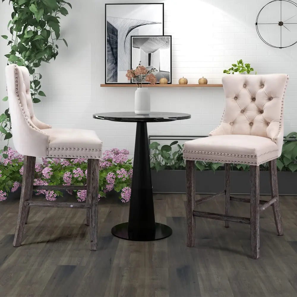 6x Velvet Bar Stools with Studs Trim Wooden Legs Tufted Dining Chairs Kitchen