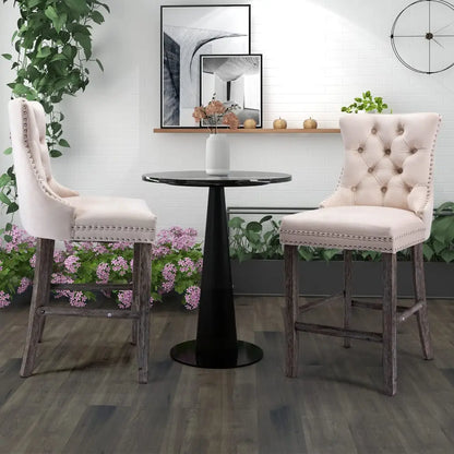 6x Velvet Bar Stools with Studs Trim Wooden Legs Tufted Dining Chairs Kitchen