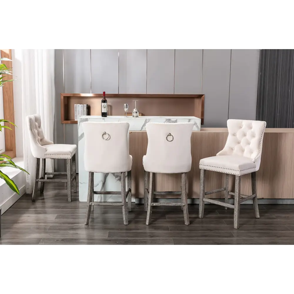 6x Velvet Bar Stools with Studs Trim Wooden Legs Tufted Dining Chairs Kitchen