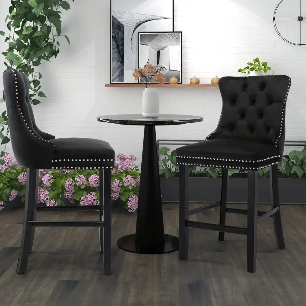 6x Velvet Bar Stools with Studs Trim Wooden Legs Tufted Dining Chairs Kitchen