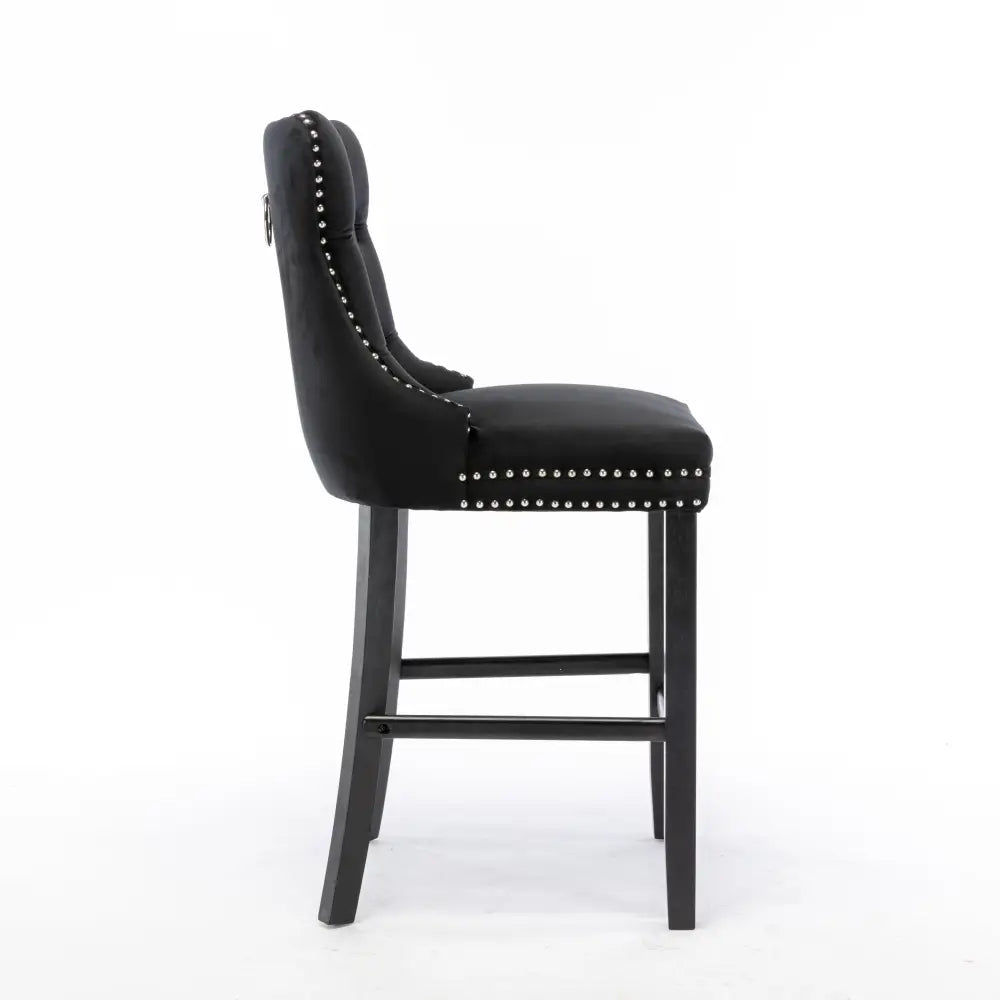 6x Velvet Bar Stools with Studs Trim Wooden Legs Tufted Dining Chairs Kitchen