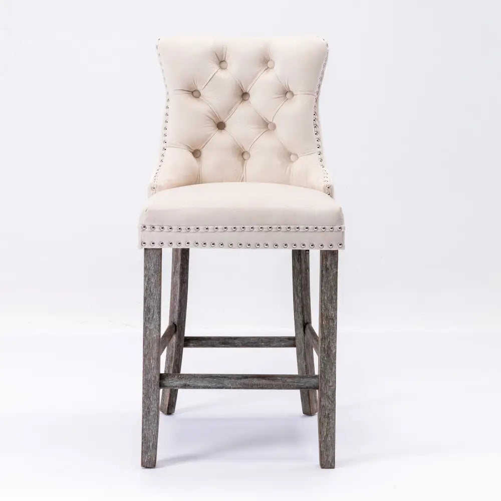 6x Velvet Bar Stools with Studs Trim Wooden Legs Tufted Dining Chairs Kitchen