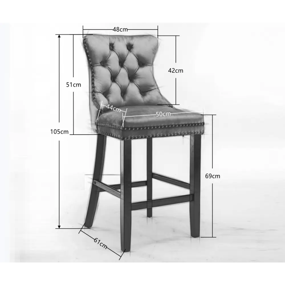 6x Velvet Bar Stools with Studs Trim Wooden Legs Tufted Dining Chairs Kitchen