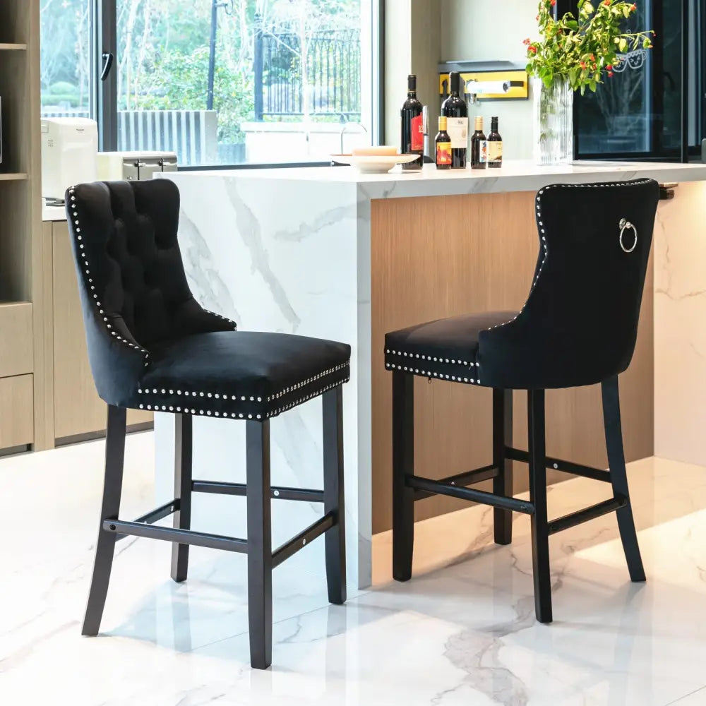 6x Velvet Bar Stools with Studs Trim Wooden Legs Tufted Dining Chairs Kitchen