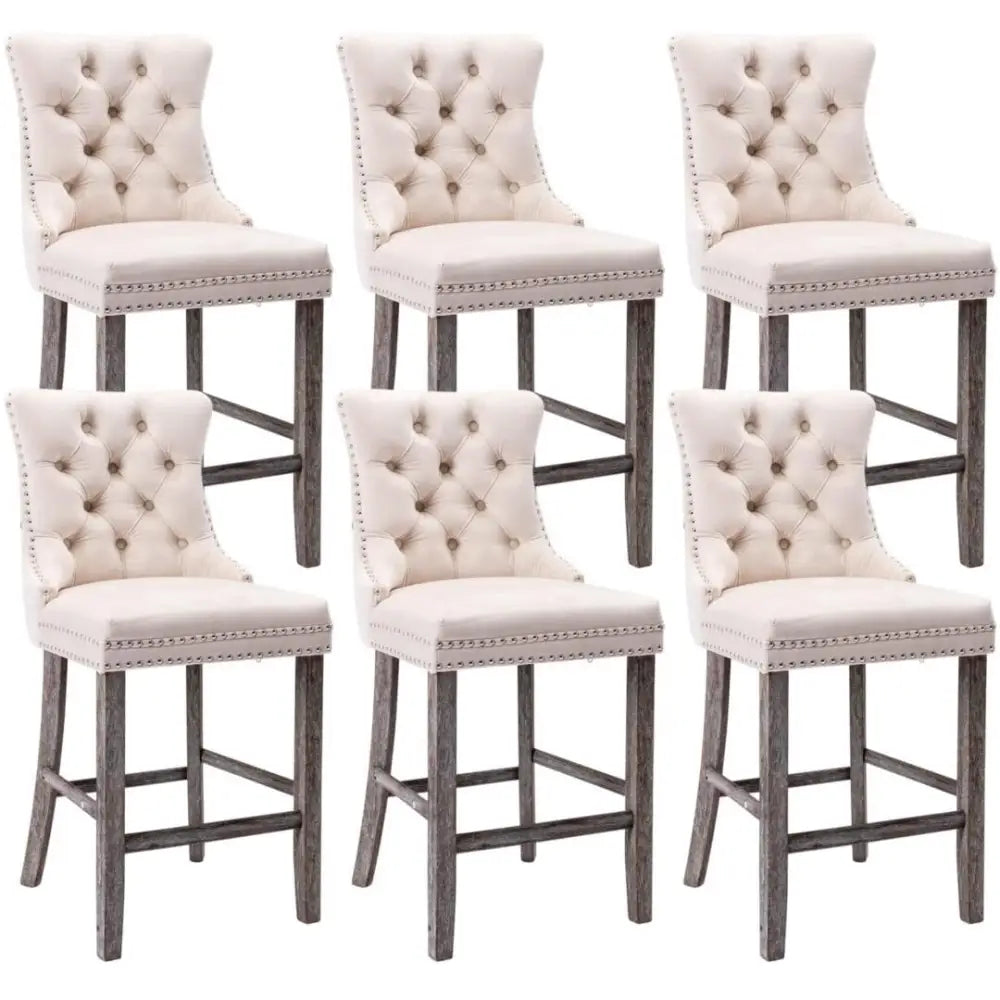 6x Velvet Bar Stools with Studs Trim Wooden Legs Tufted Dining Chairs Kitchen