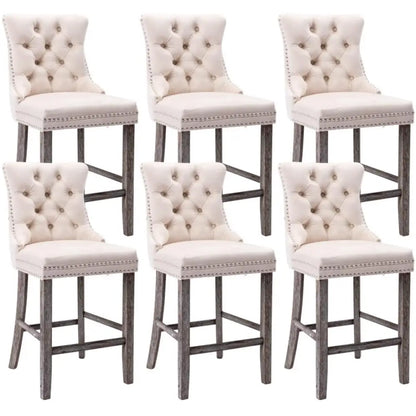 6x Velvet Bar Stools with Studs Trim Wooden Legs Tufted Dining Chairs Kitchen