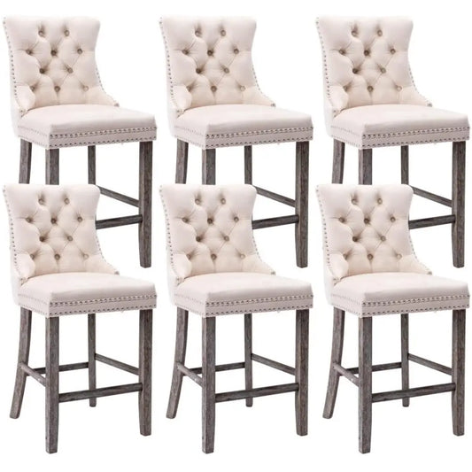 6x Velvet Bar Stools with Studs Trim Wooden Legs Tufted Dining Chairs Kitchen
