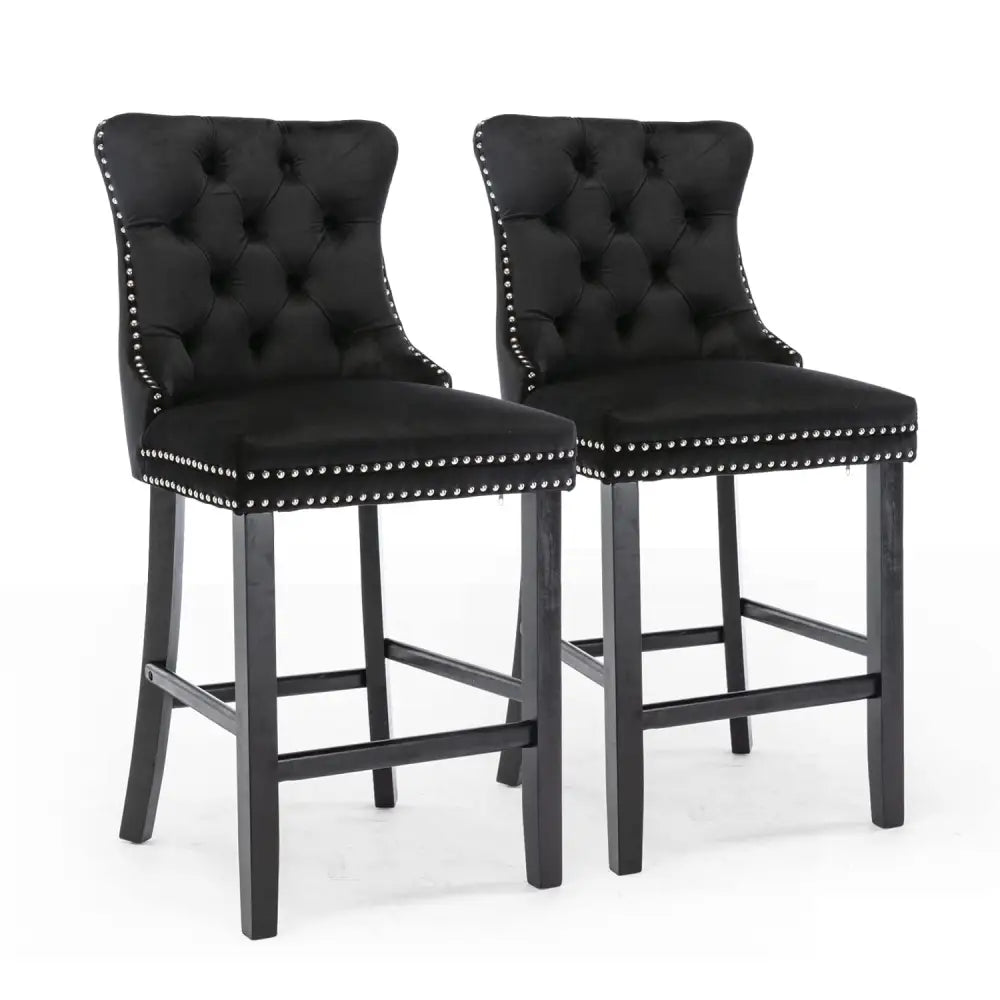 6x Velvet Bar Stools with Studs Trim Wooden Legs Tufted Dining Chairs Kitchen