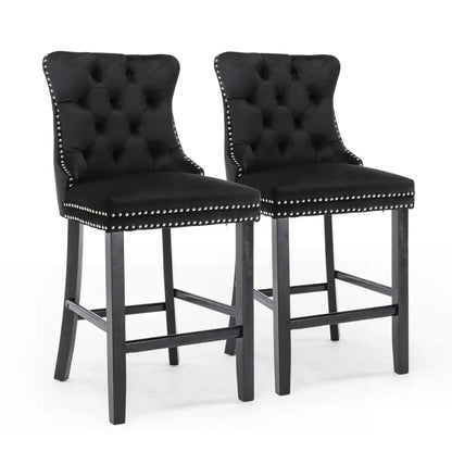 6x Velvet Bar Stools with Studs Trim Wooden Legs Tufted Dining Chairs Kitchen