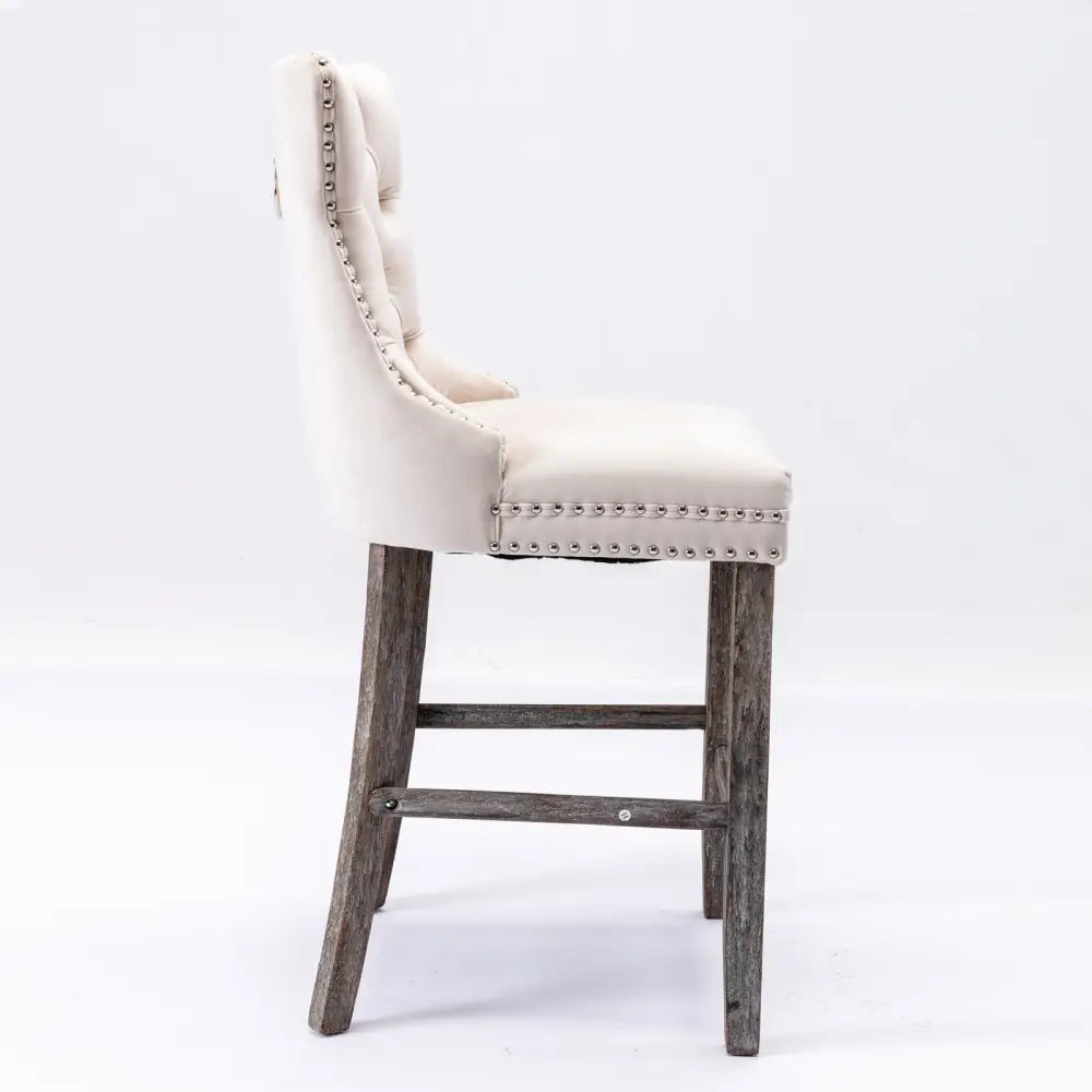 6x Velvet Bar Stools with Studs Trim Wooden Legs Tufted Dining Chairs Kitchen