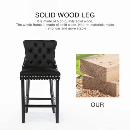 6x Velvet Bar Stools with Studs Trim Wooden Legs Tufted Dining Chairs Kitchen