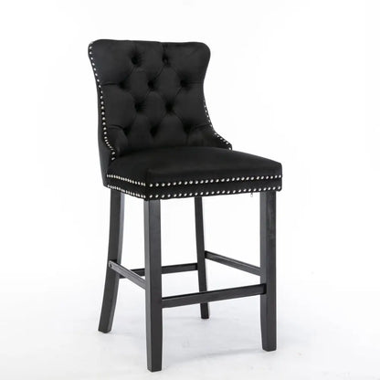 6x Velvet Bar Stools with Studs Trim Wooden Legs Tufted Dining Chairs Kitchen