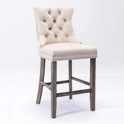 6x Velvet Bar Stools with Studs Trim Wooden Legs Tufted Dining Chairs Kitchen
