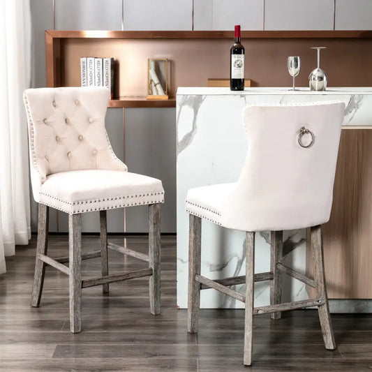 6x Velvet Bar Stools with Studs Trim Wooden Legs Tufted Dining Chairs Kitchen