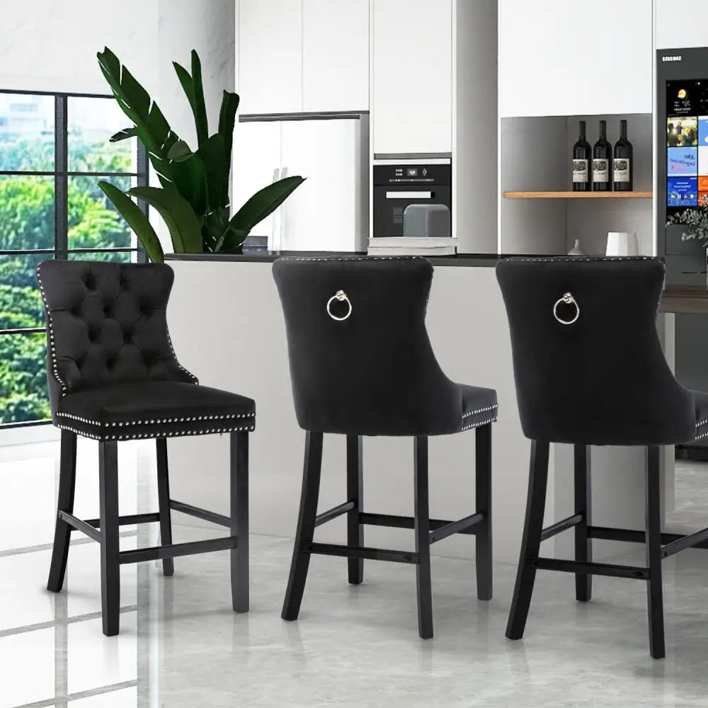 6x Velvet Bar Stools with Studs Trim Wooden Legs Tufted Dining Chairs Kitchen