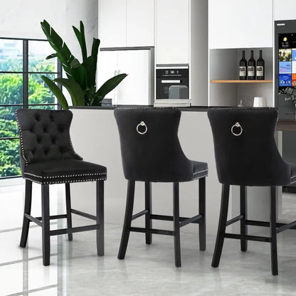 6x Velvet Bar Stools with Studs Trim Wooden Legs Tufted Dining Chairs Kitchen
