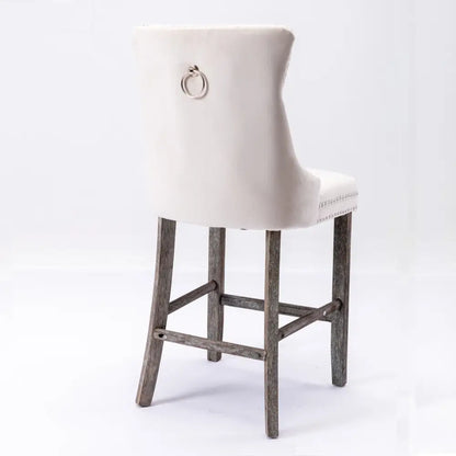 6x Velvet Bar Stools with Studs Trim Wooden Legs Tufted Dining Chairs Kitchen