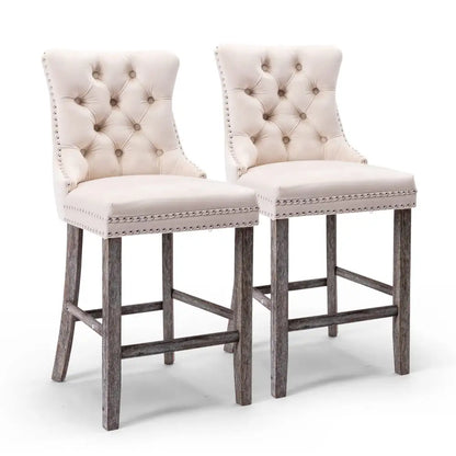 6x Velvet Bar Stools with Studs Trim Wooden Legs Tufted Dining Chairs Kitchen