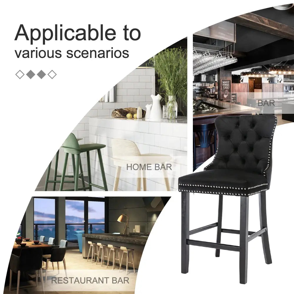 6x Velvet Bar Stools with Studs Trim Wooden Legs Tufted Dining Chairs Kitchen