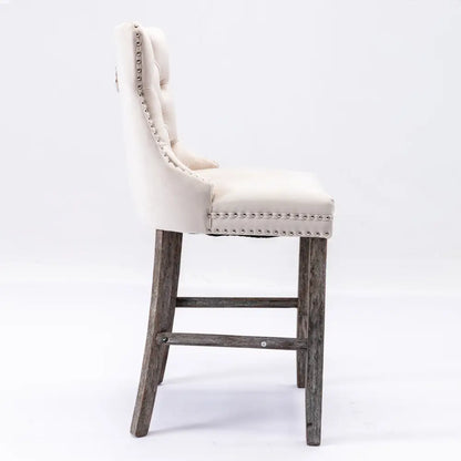 6x Velvet Bar Stools with Studs Trim Wooden Legs Tufted Dining Chairs Kitchen