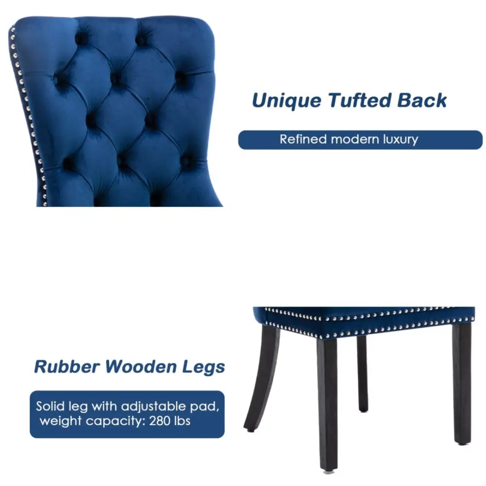 6x Velvet Dining Chairs Upholstered Tufted Kithcen Chair with Solid Wood Legs Stud Trim and Ring-blue