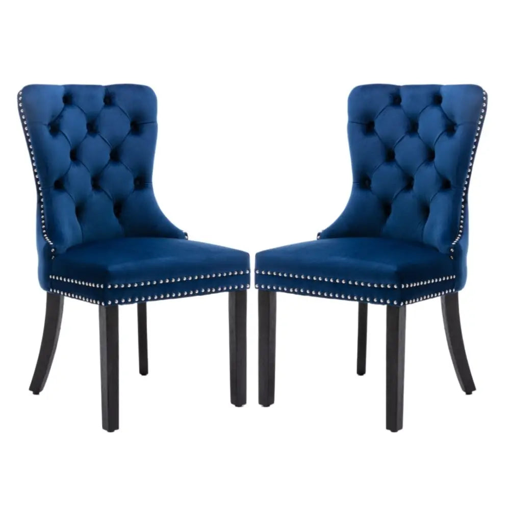 6x Velvet Dining Chairs Upholstered Tufted Kithcen Chair with Solid Wood Legs Stud Trim and Ring-blue