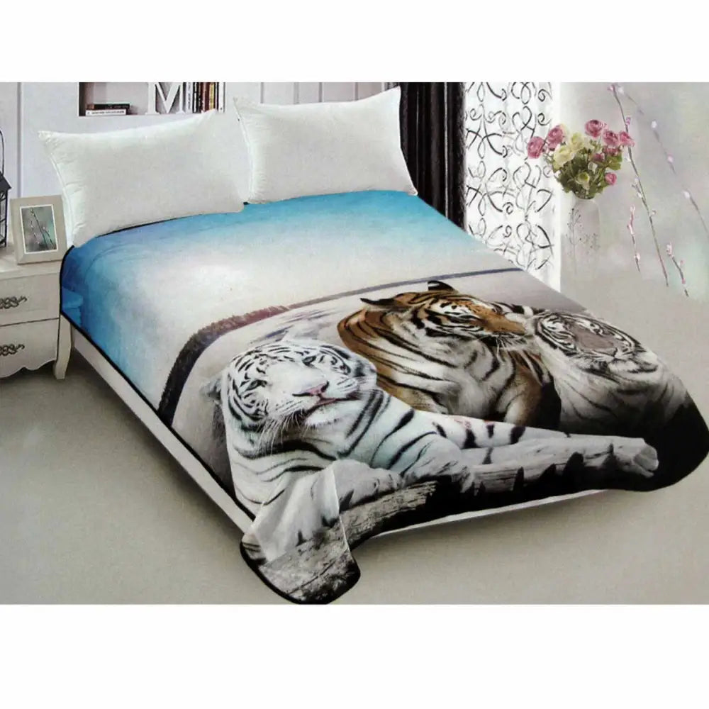 800gsm Luxury Reversible Animal Pattern Mink Blanket Queen 200 x 240 Cm Three Tigers Blue