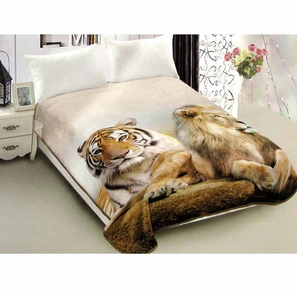 800gsm Luxury Reversible Animal Pattern Mink Blanket Queen 200 x 240 Cm Lion Tiger Brown