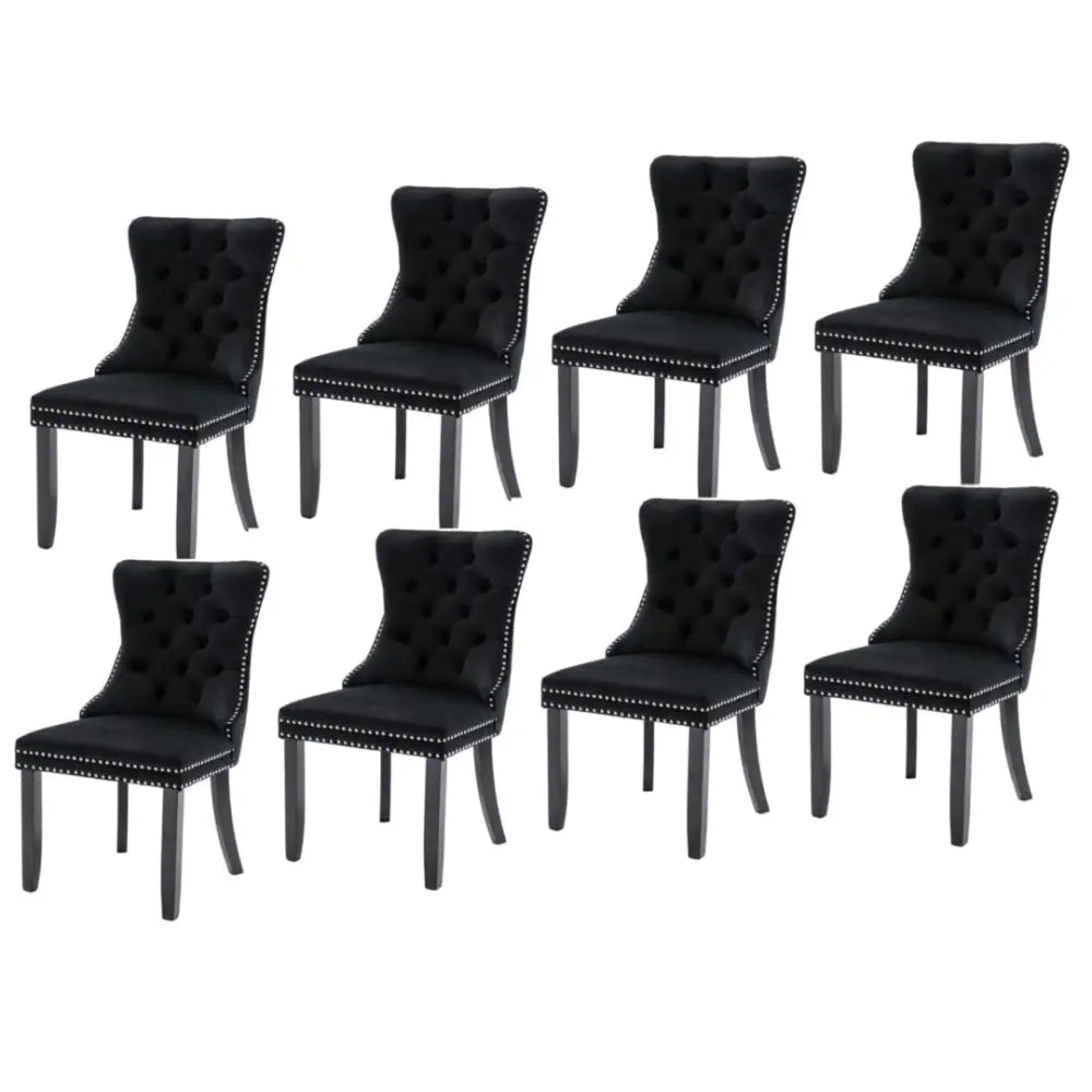 8x Velvet Dining Chairs Upholstered Tufted Kithcen Chair with Solid Wood Legs Stud Trim and Ring-black