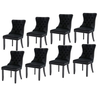 8x Velvet Dining Chairs Upholstered Tufted Kithcen Chair with Solid Wood Legs Stud Trim and Ring-black