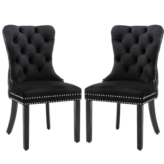 8x Velvet Dining Chairs Upholstered Tufted Kithcen Chair with Solid Wood Legs Stud Trim and Ring-black