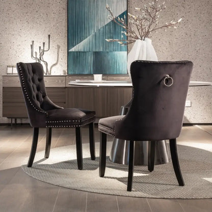 8x Velvet Dining Chairs Upholstered Tufted Kithcen Chair with Solid Wood Legs Stud Trim and Ring-black