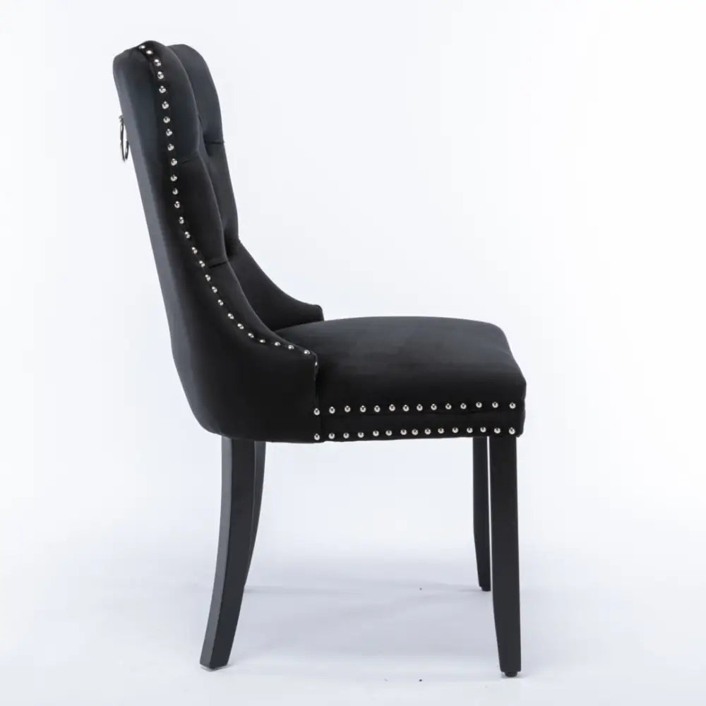 8x Velvet Dining Chairs Upholstered Tufted Kithcen Chair with Solid Wood Legs Stud Trim and Ring-black