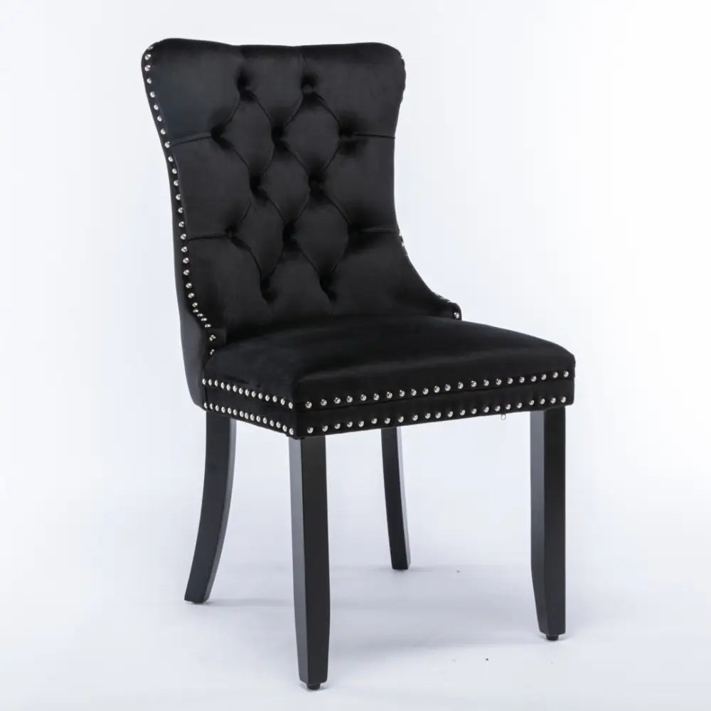 8x Velvet Dining Chairs Upholstered Tufted Kithcen Chair with Solid Wood Legs Stud Trim and Ring-black